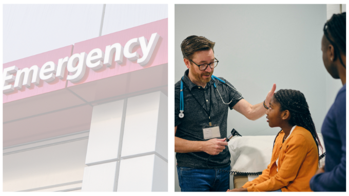 The left side of the image shows a sign outside of an emergency department; on the right is a doctor speaking with a young girl sitting down on an exam table with her mother standing next to her. 