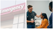 The left side of the image shows a sign outside of an emergency department; on the right is a doctor speaking with a young girl sitting down on an exam table with her mother standing next to her. 