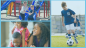 The image shows three different scenes of children playing; one image in the top left is of two children playing on a playground. The next in the lower part of the image shows a young girl playfully climbing on the back of a young boy, while a young girl is off to their side and is smiling. The third is on the right side of the image showing a young boy in a blue sports jersey playing soccer. 