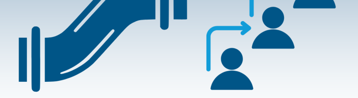 A blue background is shown with a graphic of a pipeline and three graphics of a head and shoulders, with an arrow in between each. 