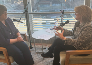 Dr. Kristy Arbogast is interviewed for the Breaking Through Podcast, and is sitting to the left of CHOP President and CEO Madeline Bell. 
