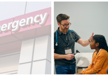 An emergency department sign is shown to the left of the image; on the right is a picture of a doctor speaking with a young girl who is sitting in a clinical space with her mother standing next to her.