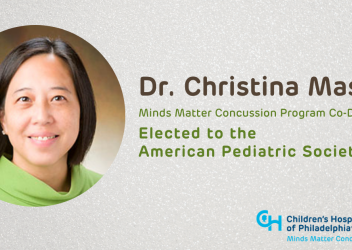 Dr. Christina Master picture is shown on top of a tan background. Words on the image include Dr. Christina Master, Minds Matter Concussion Program Co-Director, Elected to the American Pediatric Society.