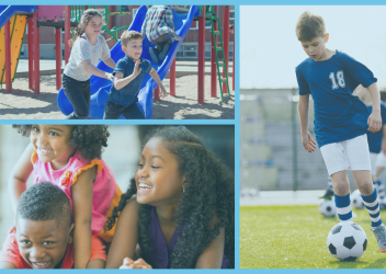 The image shows three different scenes of children playing; one image in the top left is of two children playing on a playground. The next in the lower part of the image shows a young girl playfully climbing on the back of a young boy, while a young girl is off to their side and is smiling. The third is on the right side of the image showing a young boy in a blue sports jersey playing soccer. 